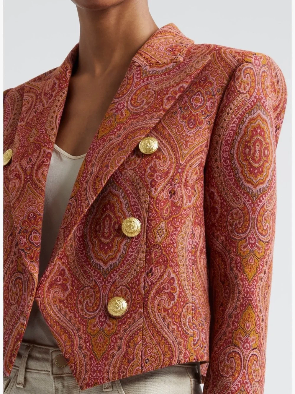 L'AGENCE Coral Paisley Double-Breasted Cropped Blazer